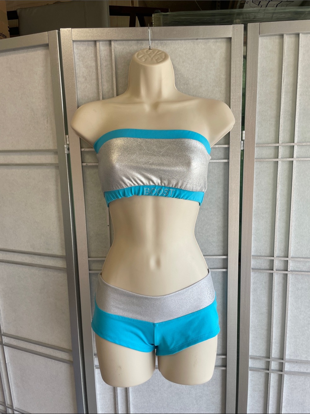 Silver + Turquoise Two-Piece Bandeau Set - Gym Boost - S Top/M Bottom